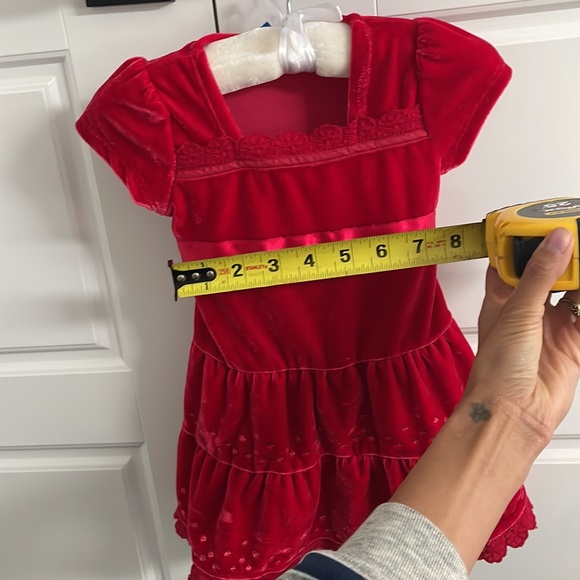 Red velvet tiered sparkle holiday dress cap sleeves lace and sash - Picture 6 of 7